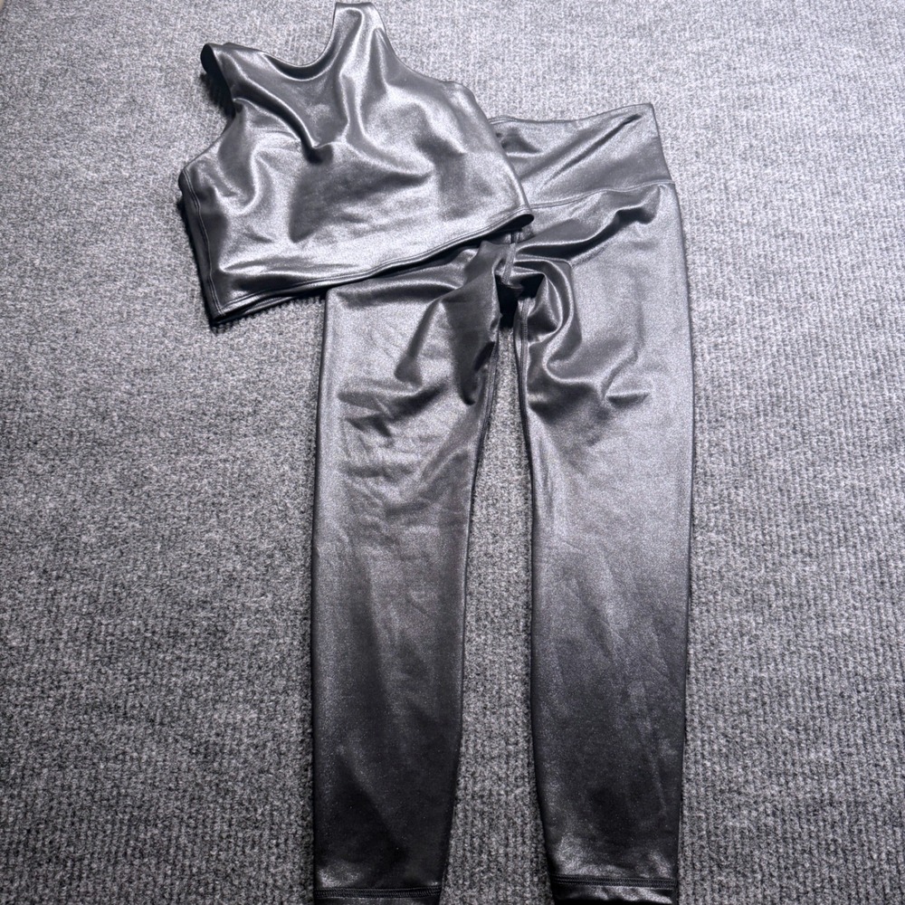 Athleta Elation Ultra High Rise SP Legging Sports Bra Set S Black Metallic